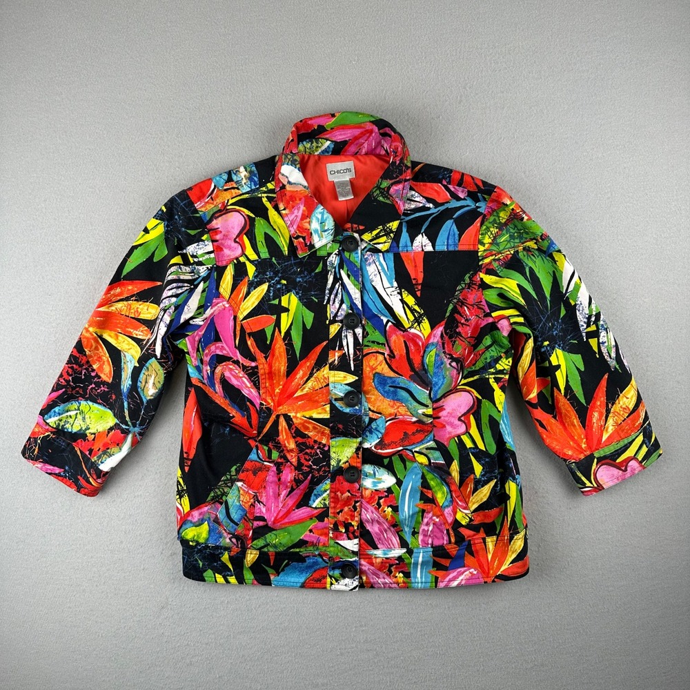 Chico's Tropical Floral Jacket Womens 2 Multicolor Button Front 3/4 Sleeve